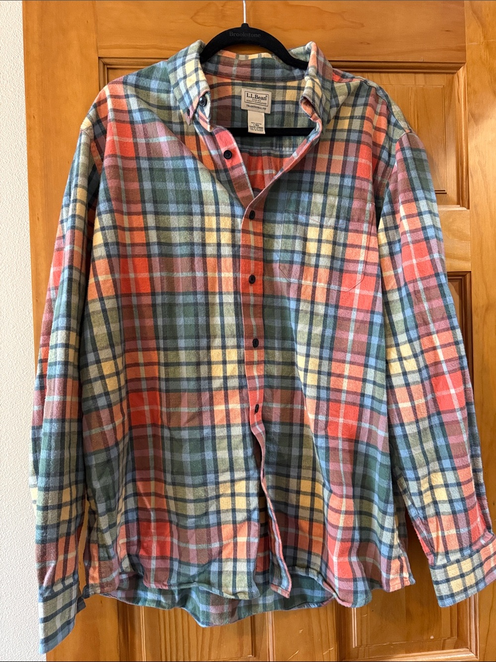 L.L. Bean Men's Plaid Button-Down Shirt in Coral, Green & Yellow